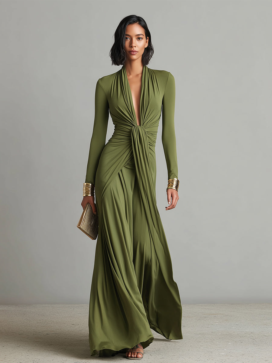 Vittoria - Abito Maxi in Seta Oliva con Profondo Scollo a V