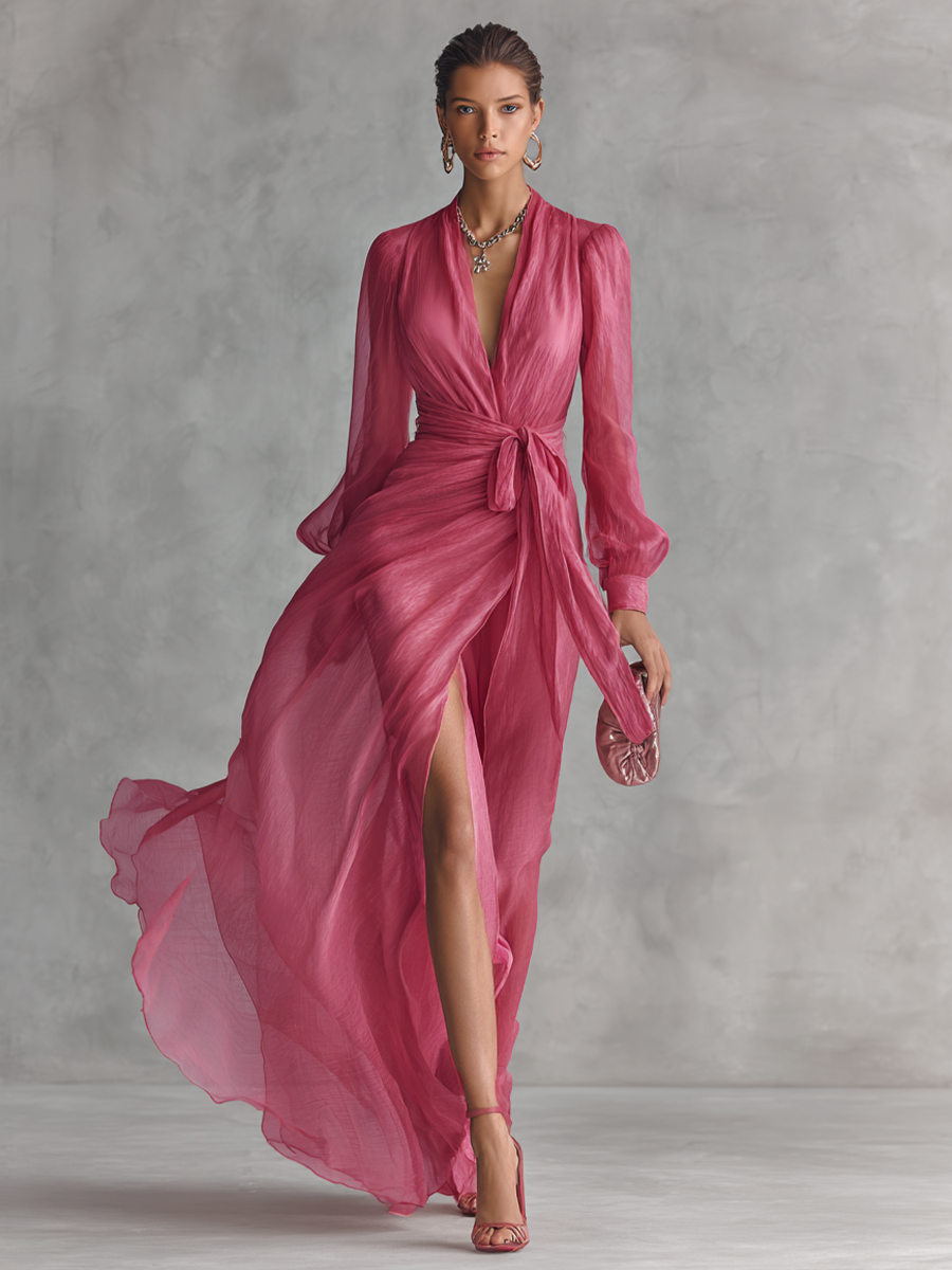 Noemi - Abito Lungo in Chiffon con Perline e Scollo a V