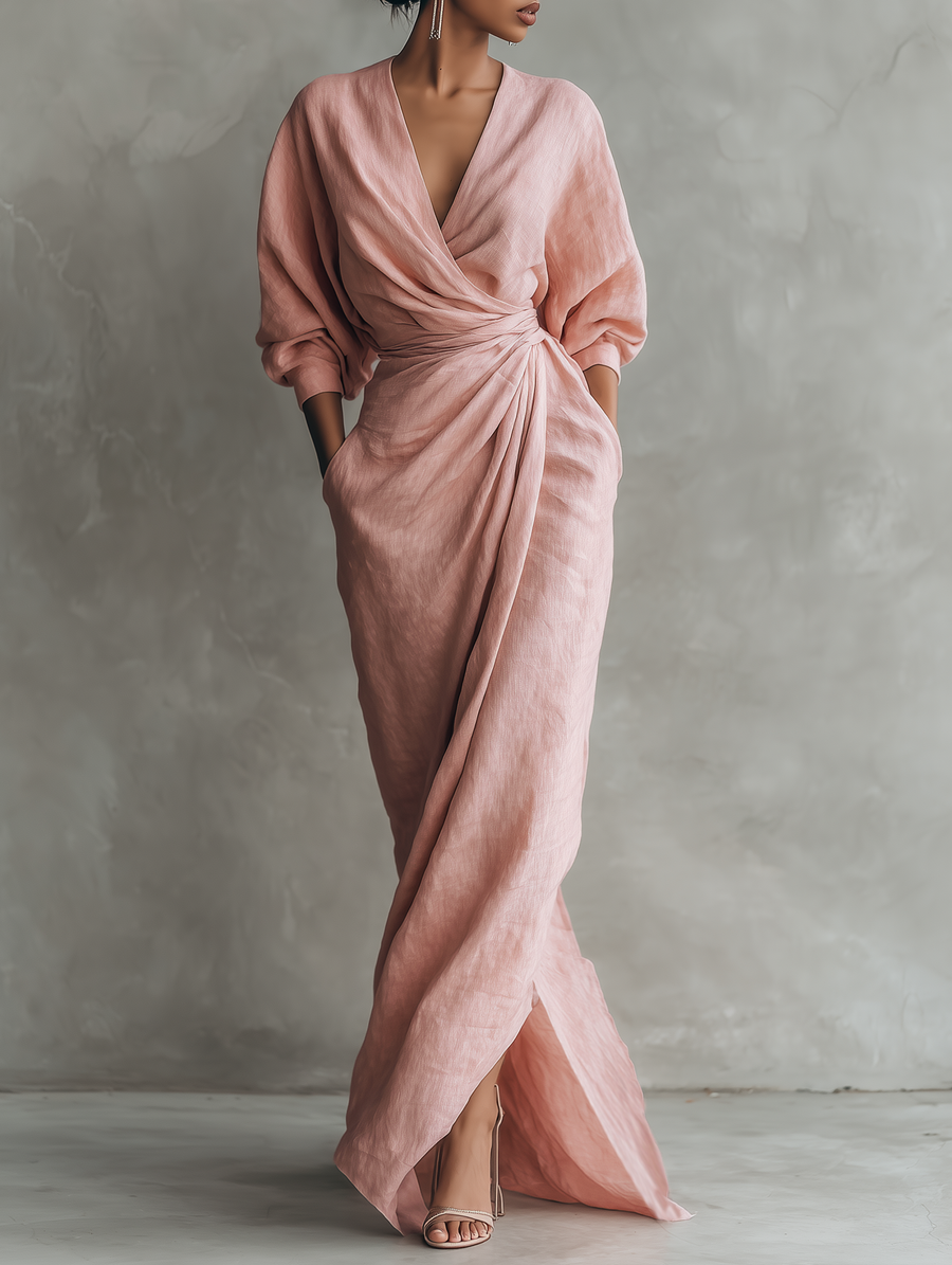 Eleonora - Abito Maxi in Lino Rosa con Scollo a V