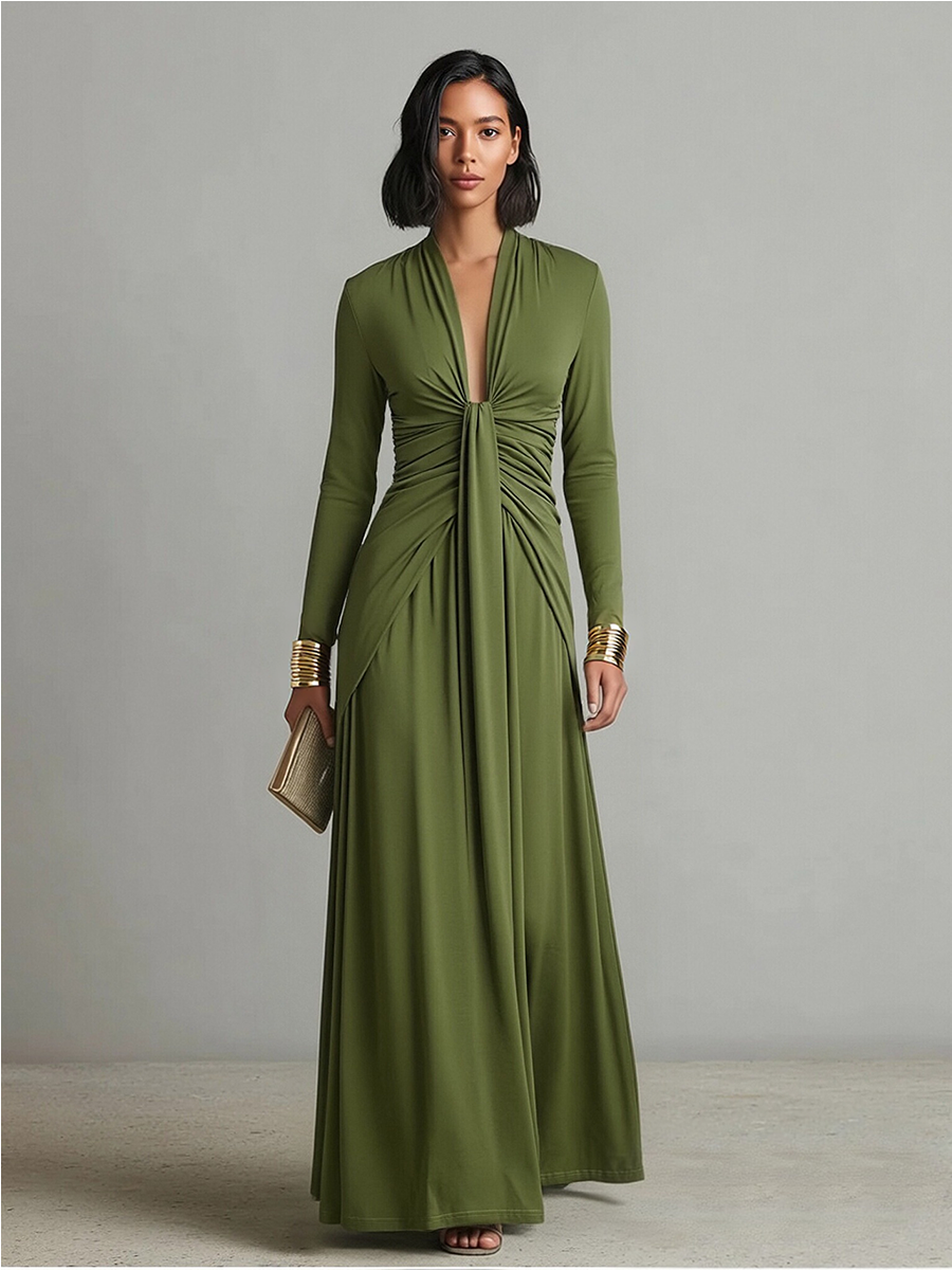 Vittoria - Abito Maxi in Seta Oliva con Profondo Scollo a V