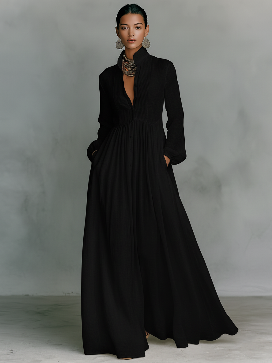 Marta - Abito Maxi in Lino con Dettagli Patchwork e Collo Alto