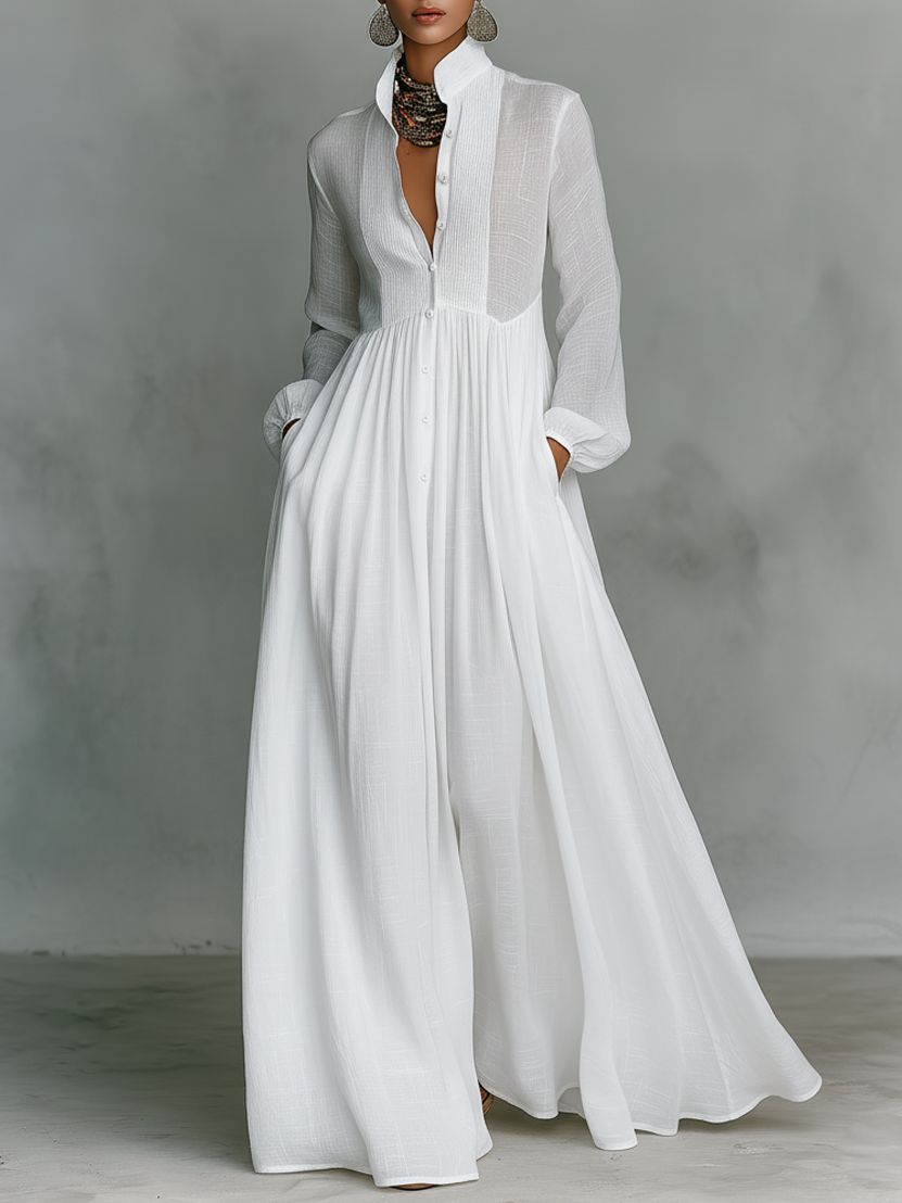 Marta - Abito Maxi in Lino con Dettagli Patchwork e Collo Alto