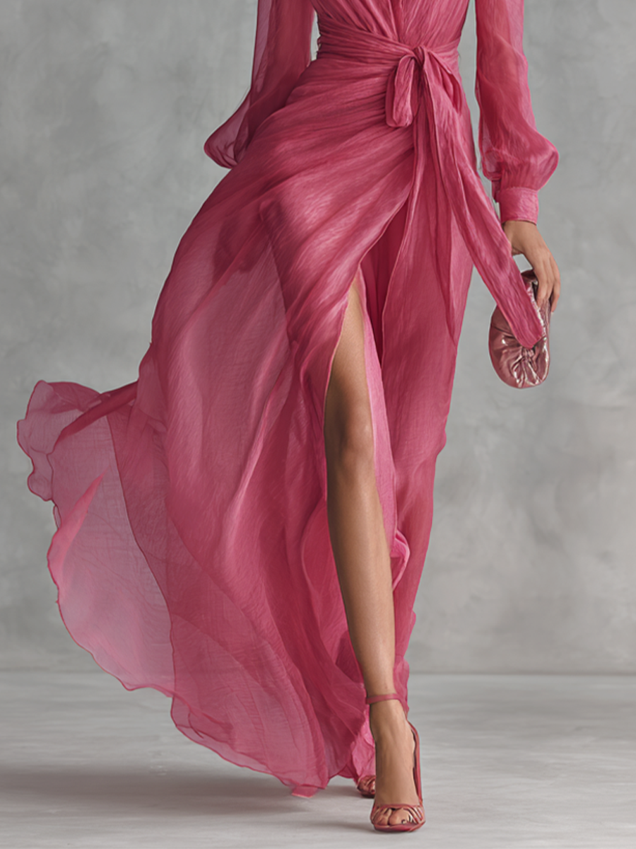 Noemi - Abito Lungo in Chiffon con Perline e Scollo a V