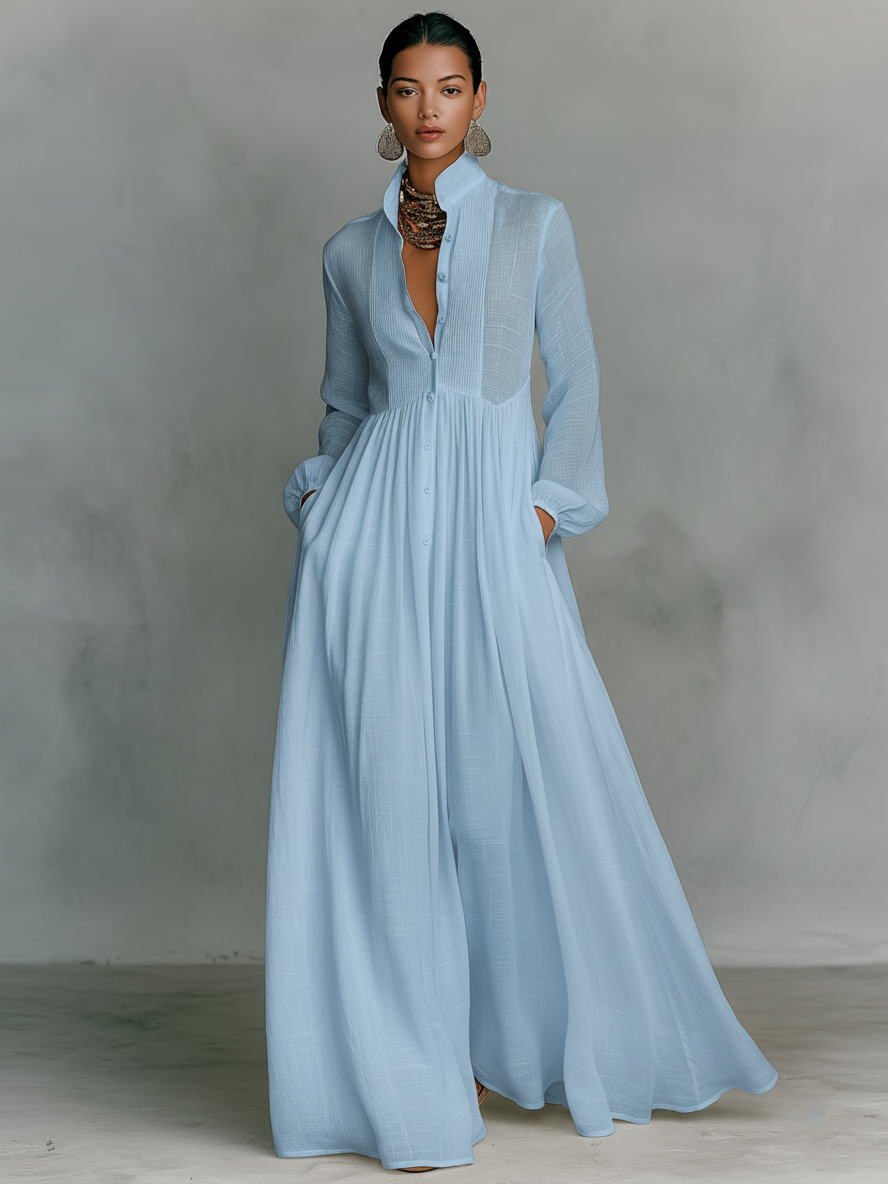 Marta - Abito Maxi in Lino con Dettagli Patchwork e Collo Alto