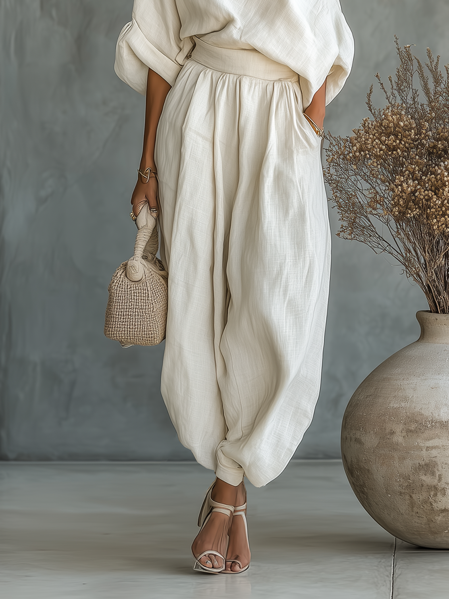 Paola - Insieme Lino Off-Shoulder con Pantalone Tapered