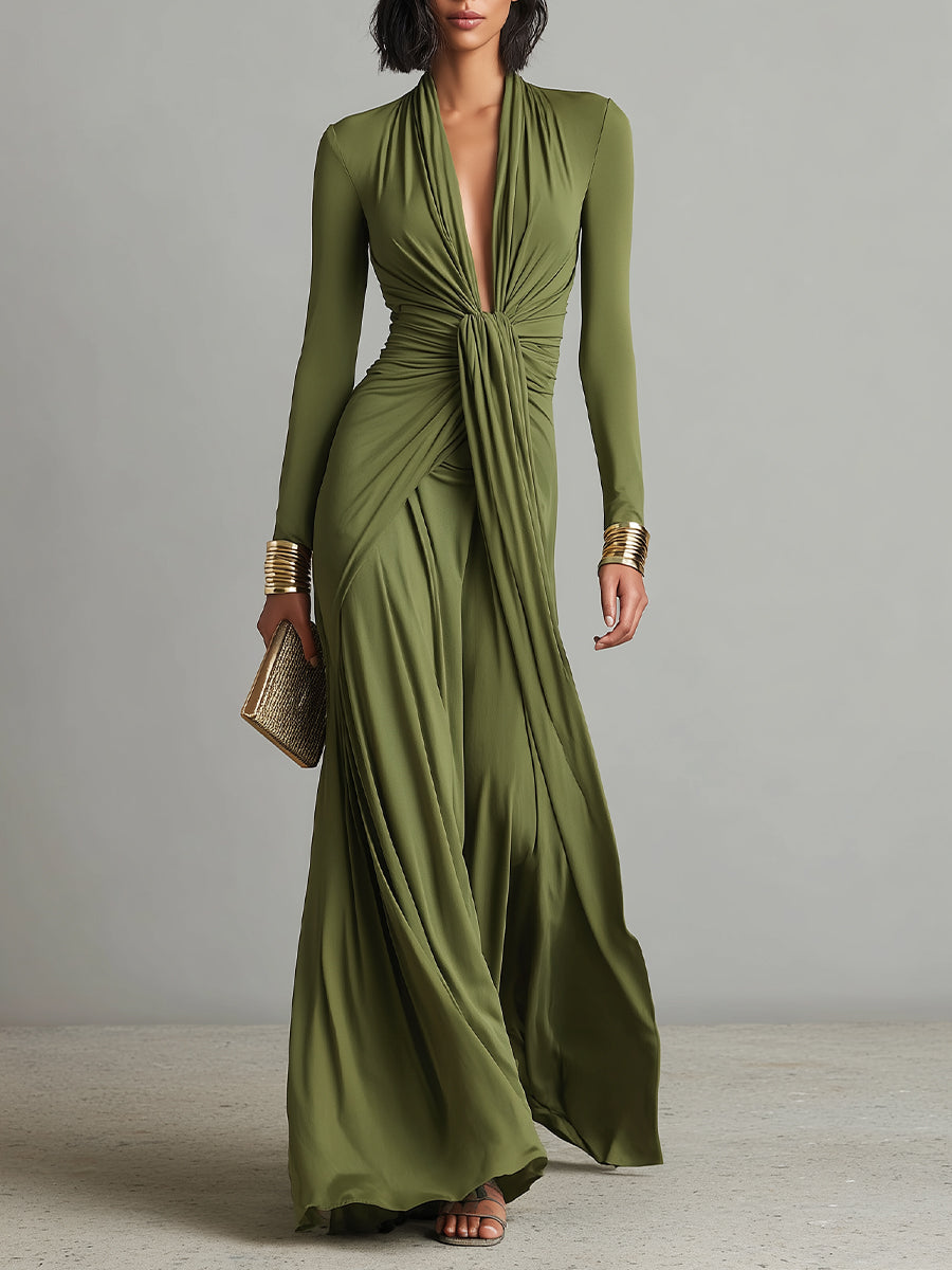 Vittoria - Abito Maxi in Seta Oliva con Profondo Scollo a V