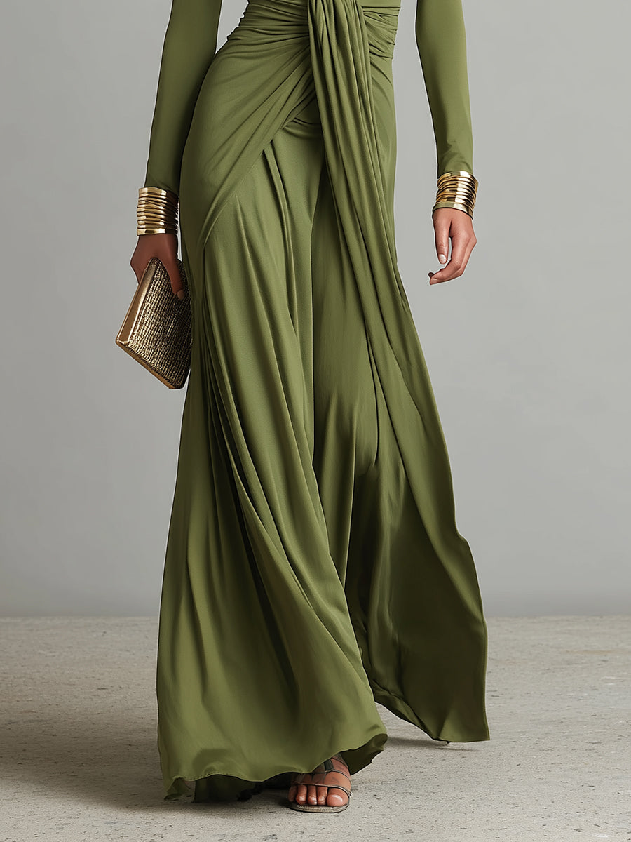 Vittoria - Abito Maxi in Seta Oliva con Profondo Scollo a V