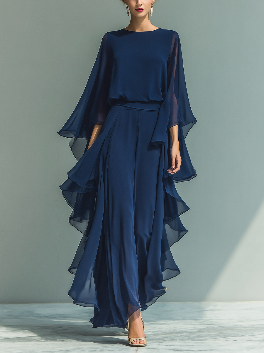 Margherita - Insieme in Chiffon Blu Navy con Maniche a Campana e Volant