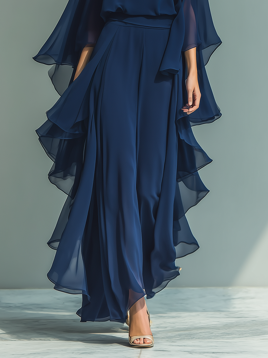 Margherita - Insieme in Chiffon Blu Navy con Maniche a Campana e Volant