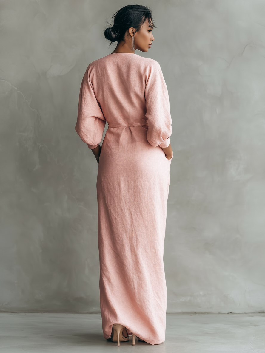 Abito Maxi in Lino Rosa con Scollatura a V