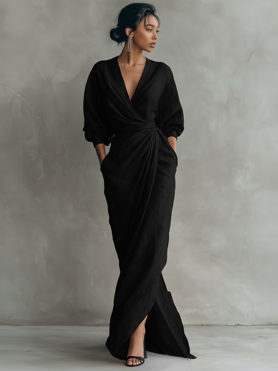Abito Maxi in Lino Rosa con Scollatura a V