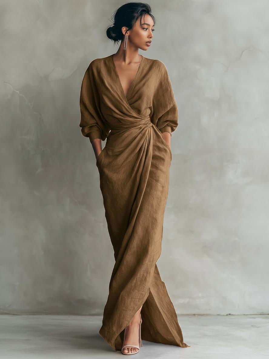 Abito Maxi in Lino Rosa con Scollatura a V