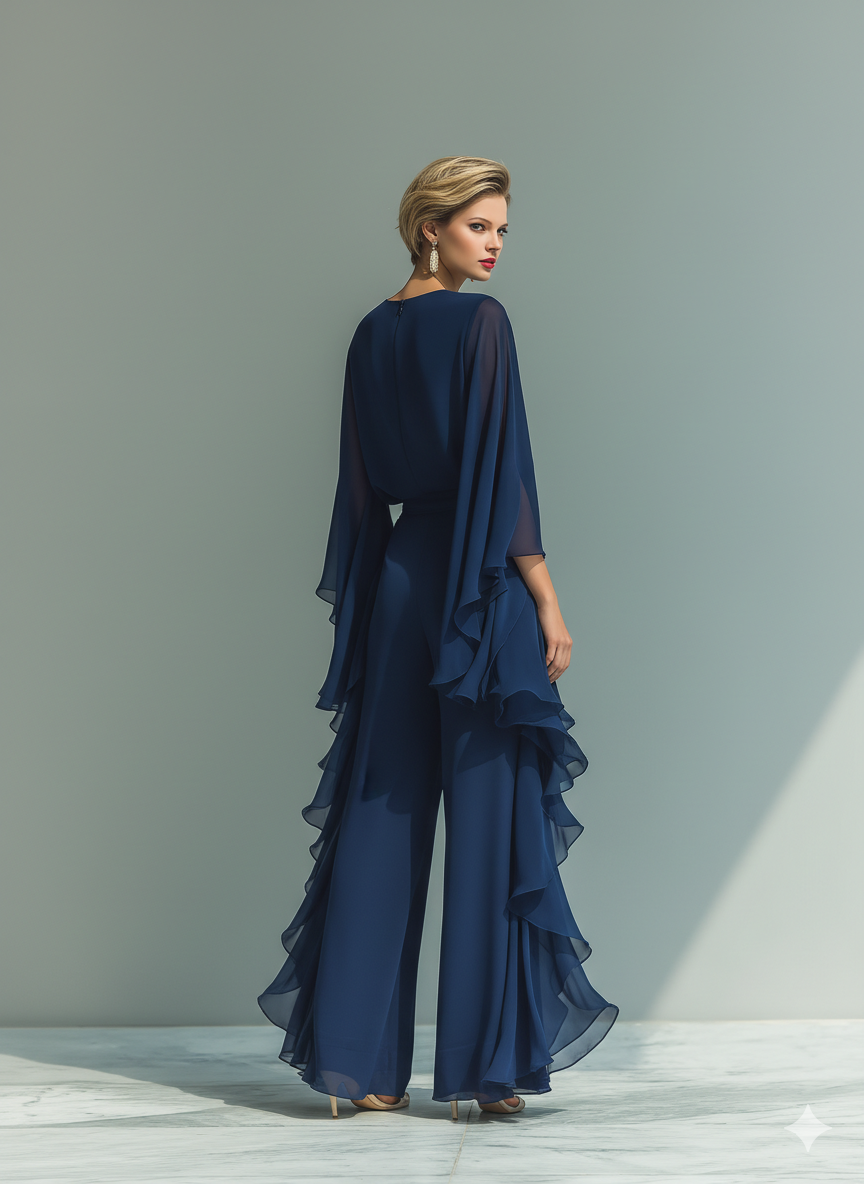 Margherita - Insieme in Chiffon Blu Navy con Maniche a Campana e Volant