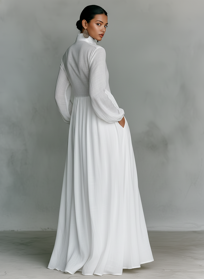 Marta - Abito Maxi in Lino con Dettagli Patchwork e Collo Alto