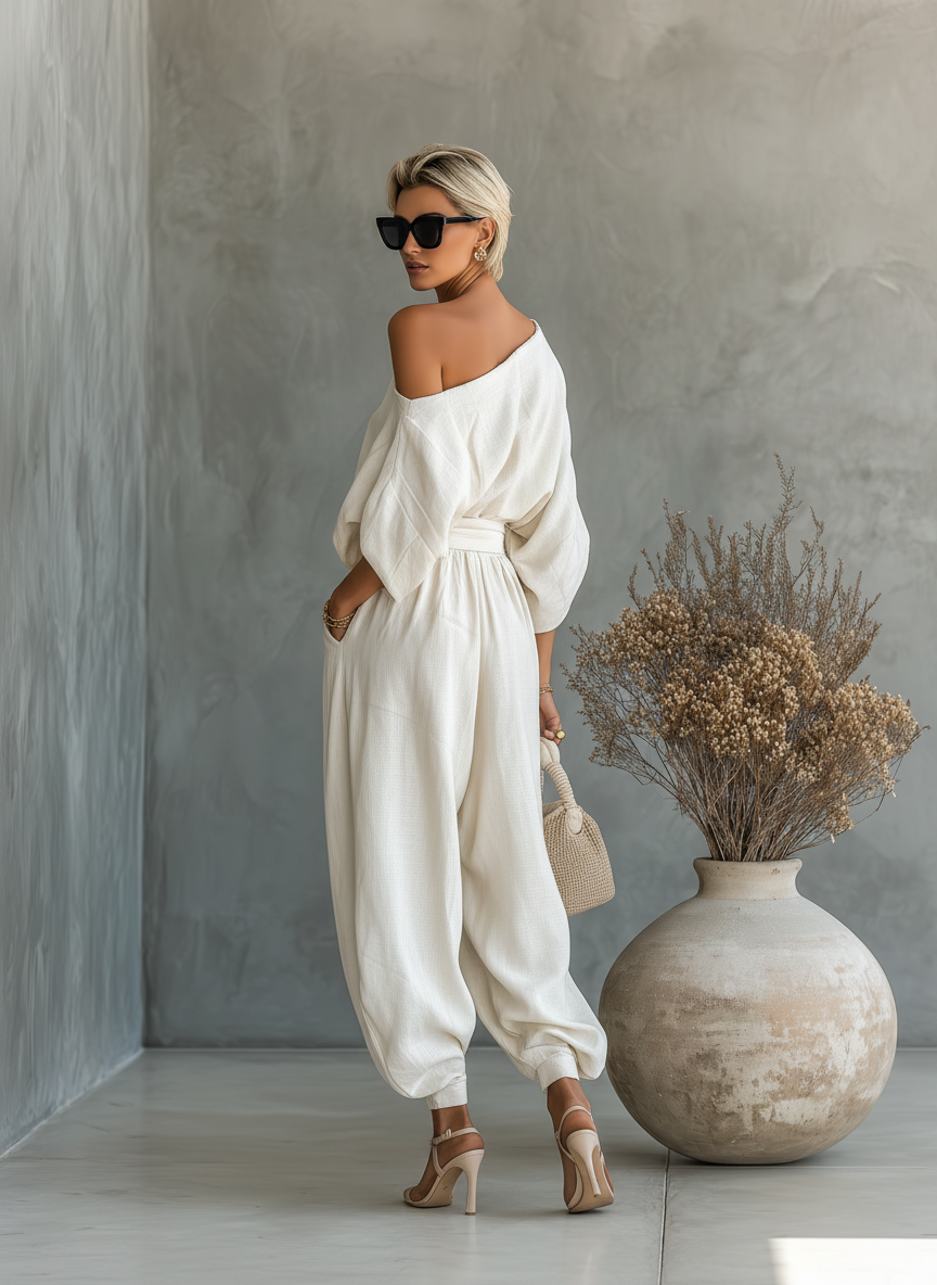 Paola - Insieme Lino Off-Shoulder con Pantalone Tapered
