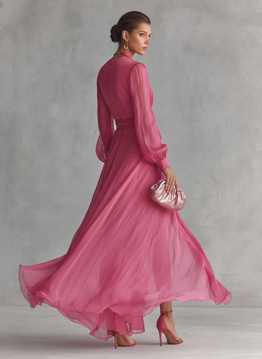 Noemi - Abito Lungo in Chiffon con Perline e Scollo a V