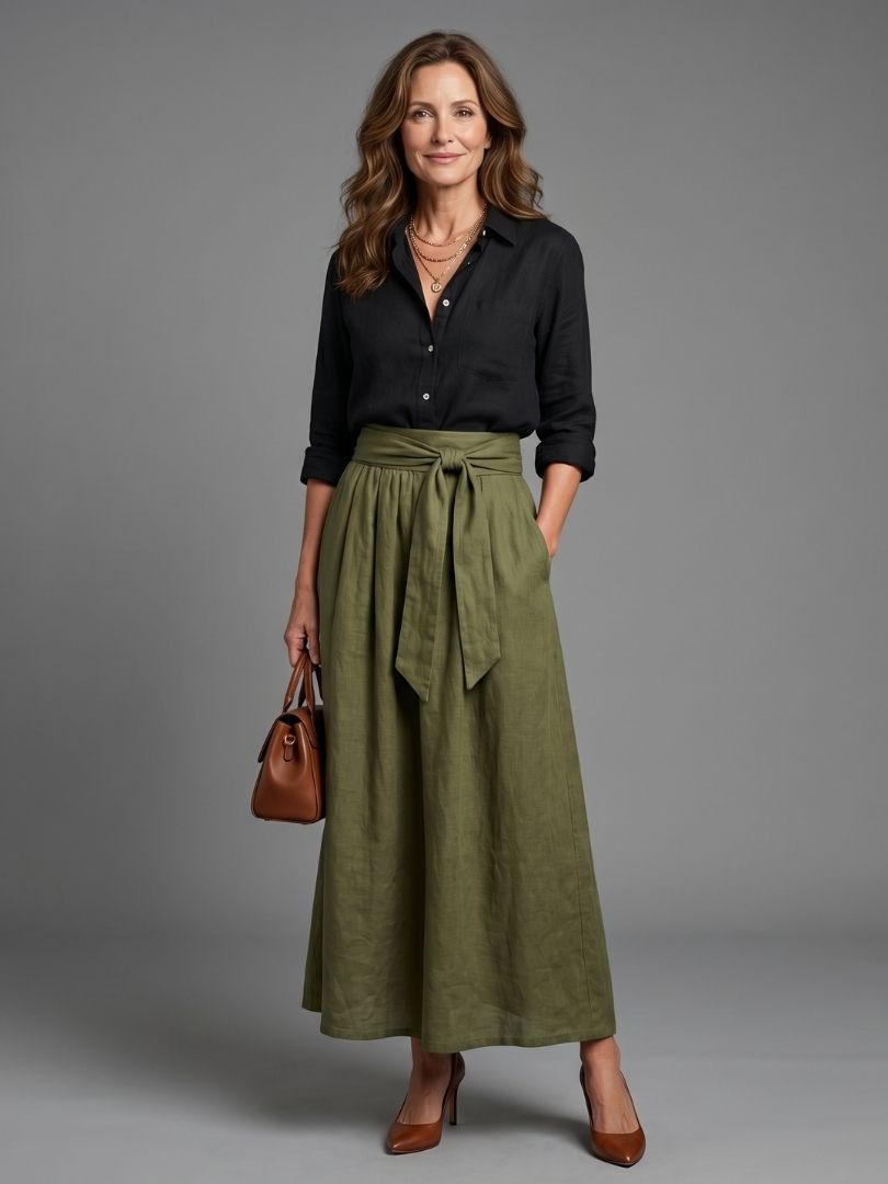 Vera | Set di Due Pezzi Blusa Nera Gonna Midi Verde Oliva