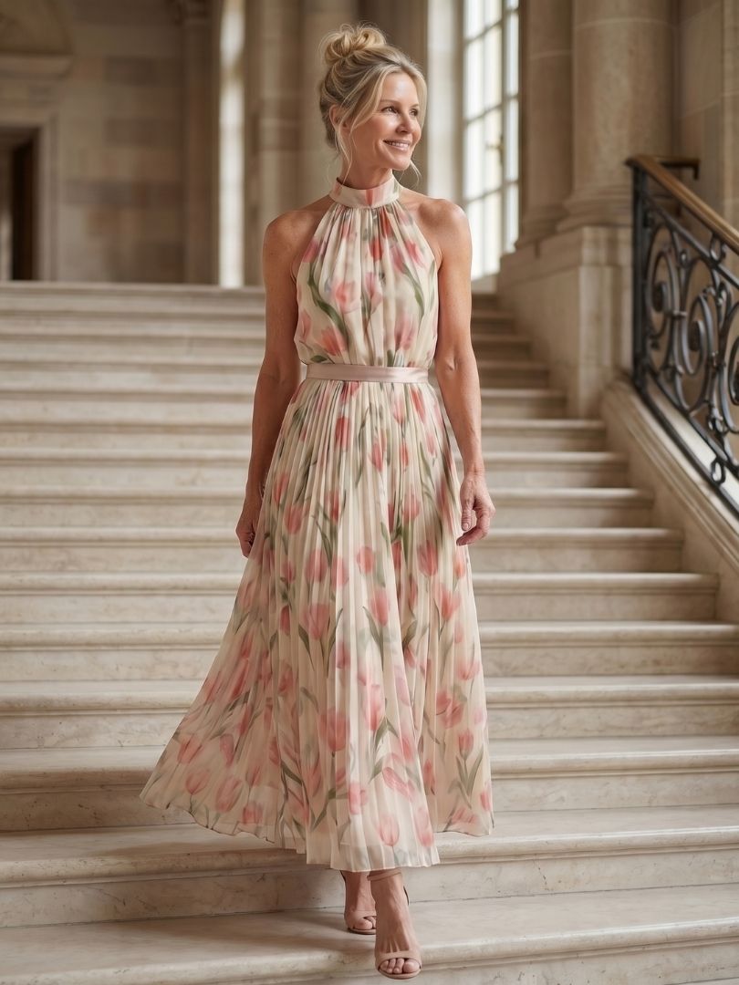 Aurelle | Abito Midi Floreale con Collo All'Americana