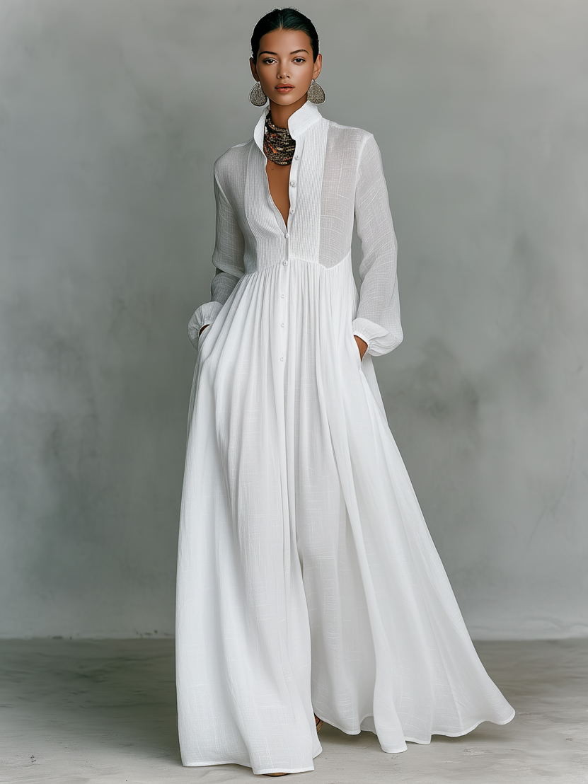 Marta - Abito Maxi in Lino con Dettagli Patchwork e Collo Alto