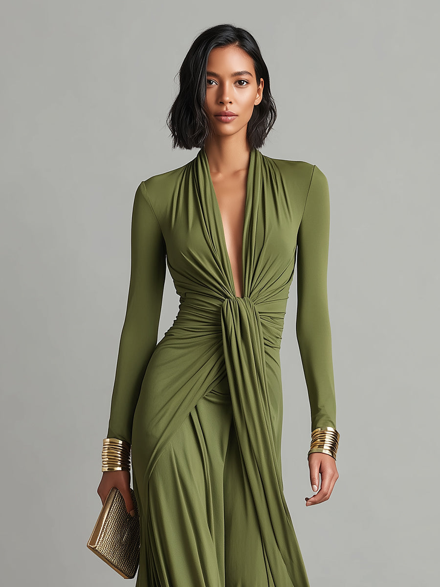 Vittoria - Abito Maxi in Seta Oliva con Profondo Scollo a V