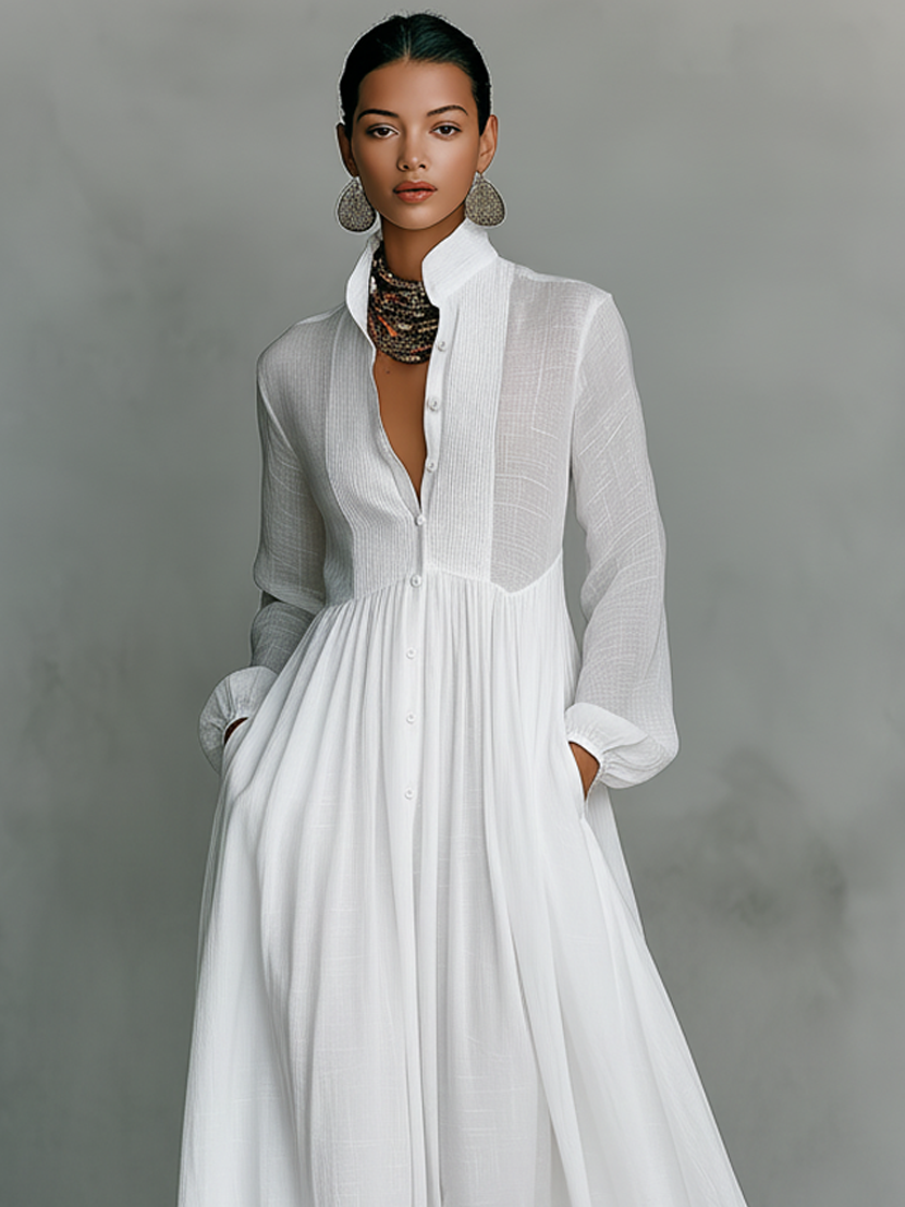 Marta - Abito Maxi in Lino con Dettagli Patchwork e Collo Alto