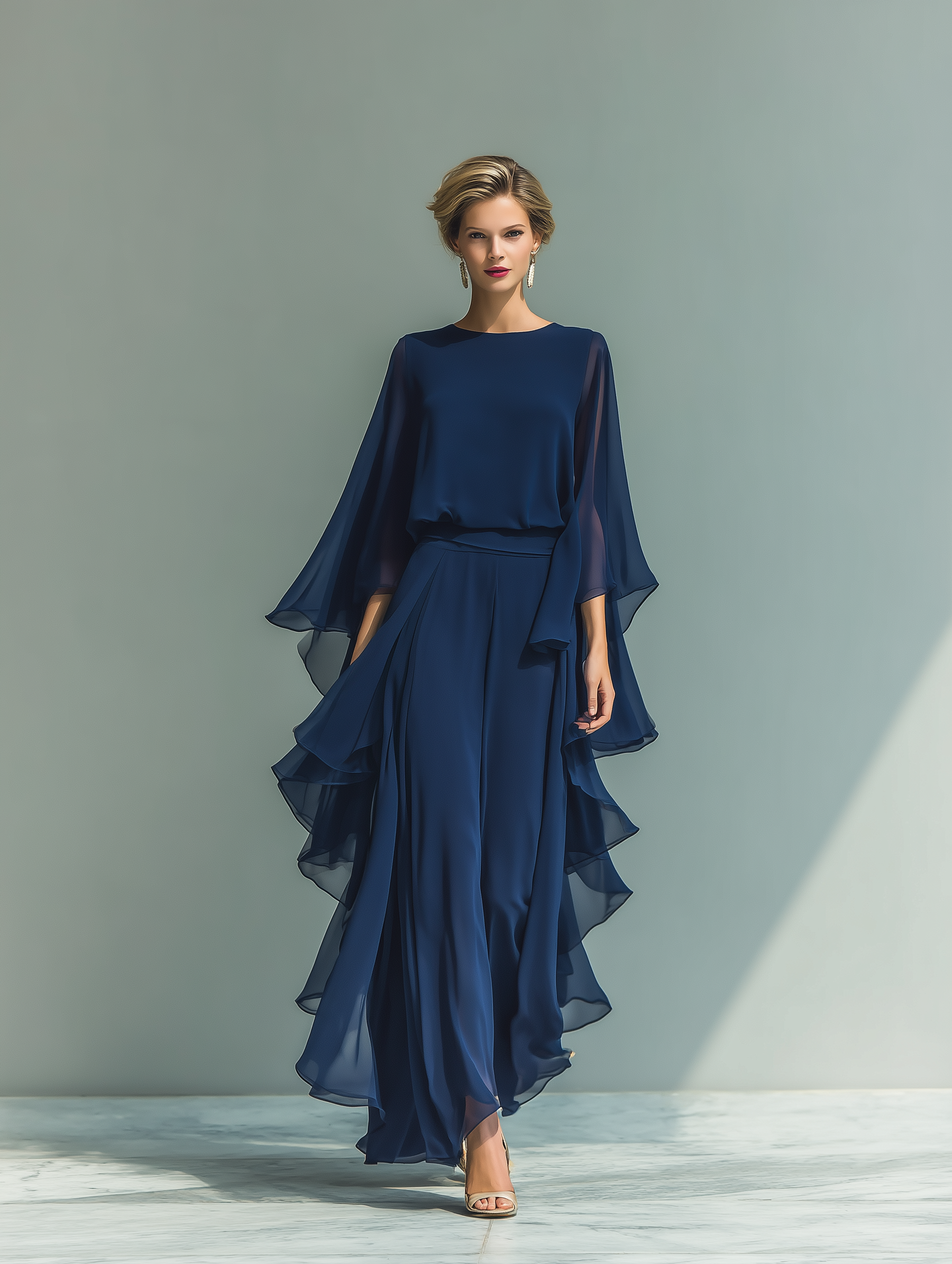 Margherita - Insieme in Chiffon Blu Navy con Maniche a Campana e Volant