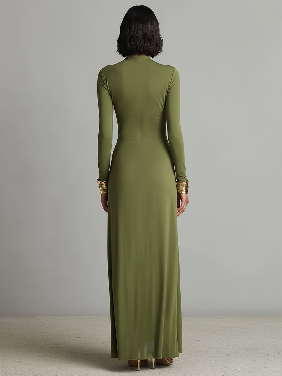 Vittoria - Abito Maxi in Seta Oliva con Profondo Scollo a V