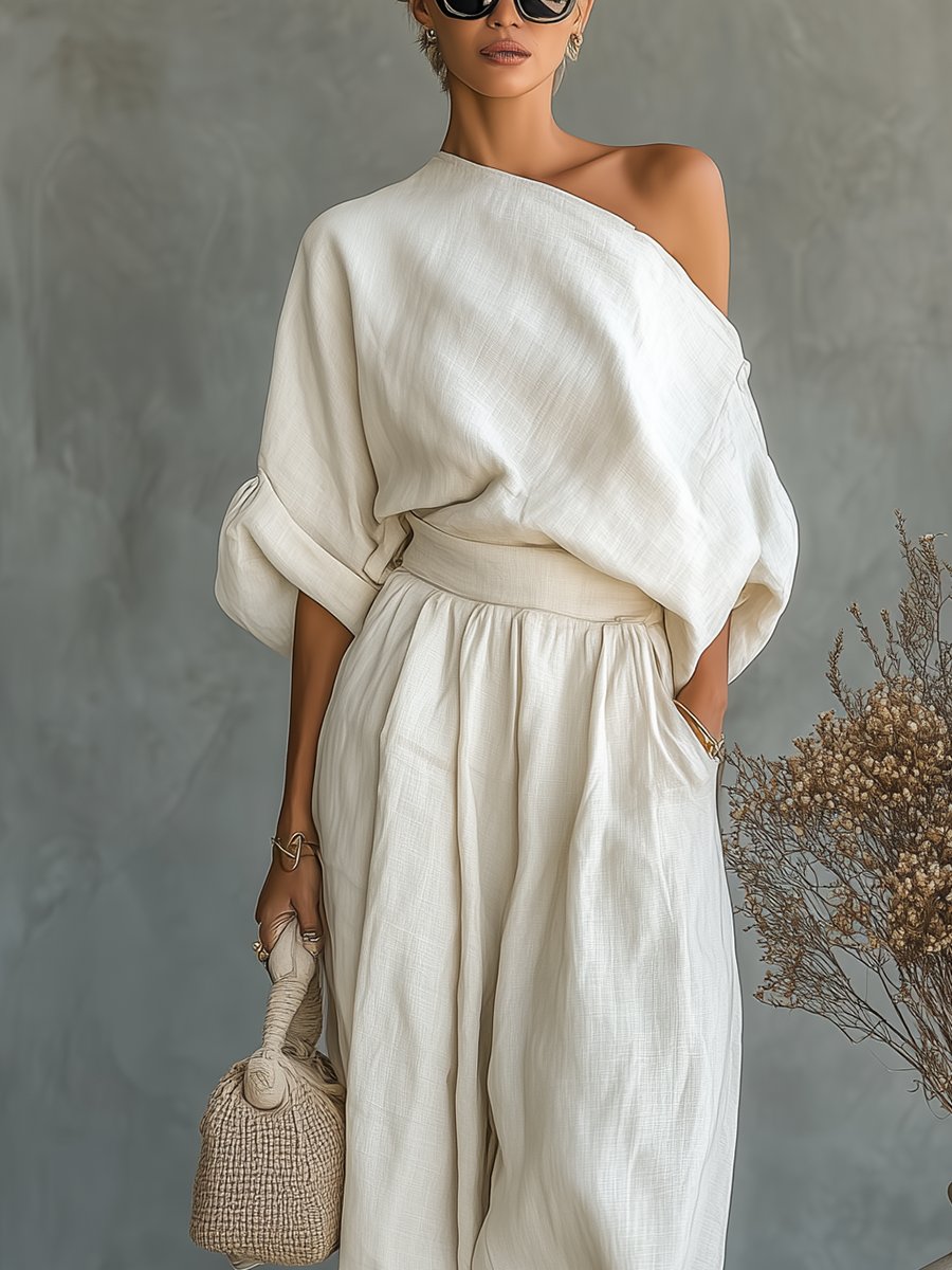 Paola - Insieme Lino Off-Shoulder con Pantalone Tapered