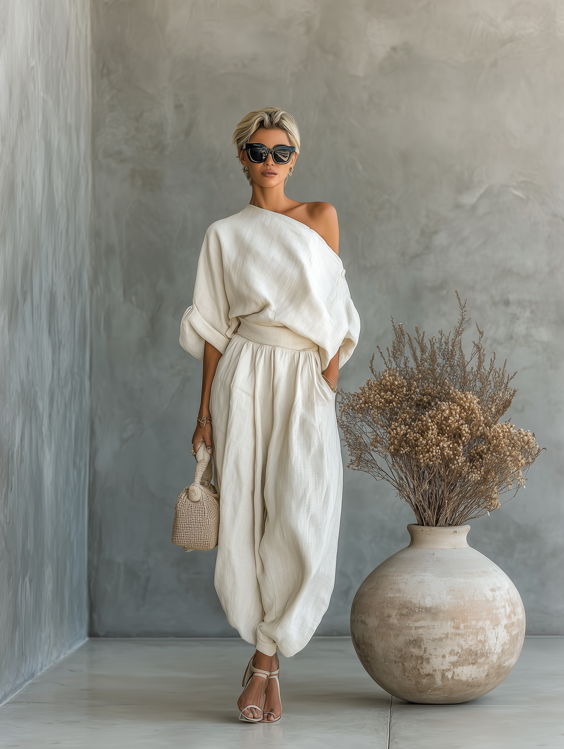 Paola - Insieme Lino Off-Shoulder con Pantalone Tapered