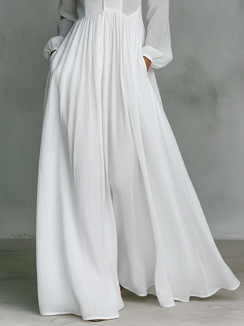 Marta - Abito Maxi in Lino con Dettagli Patchwork e Collo Alto